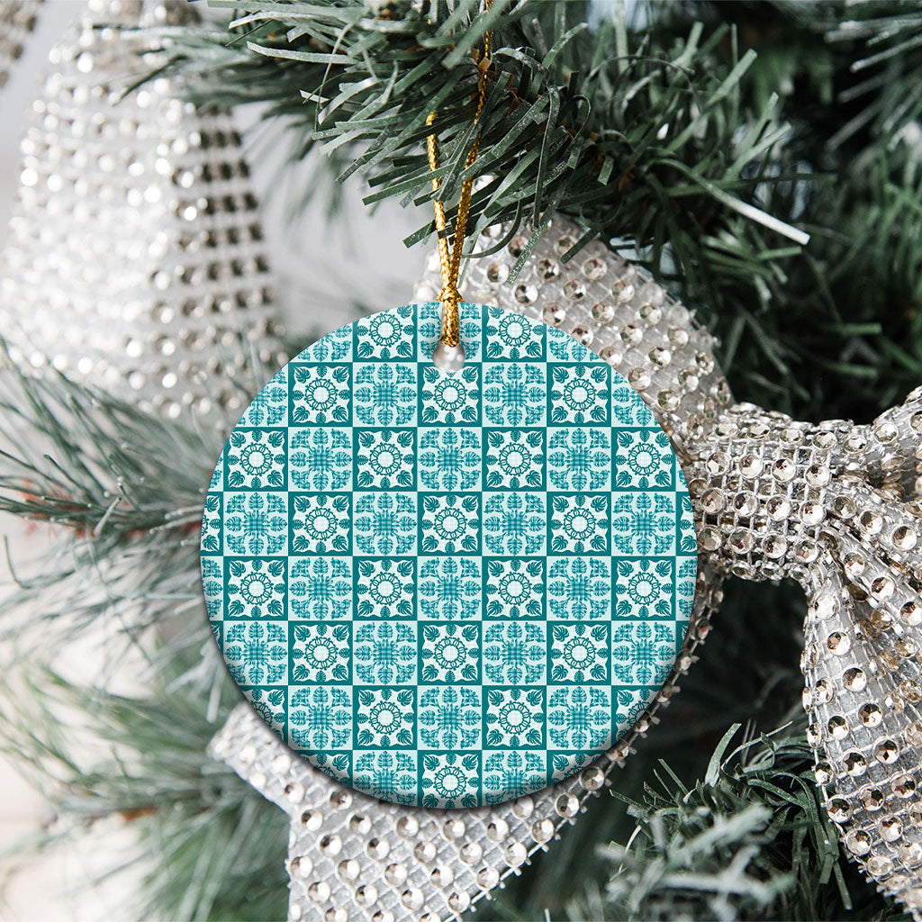 Cyan Palaka Quilt Hawaii Ceramic Ornament Hawaiian Tropical Monstera Sea Turtle LT14 - Polynesian Pride
