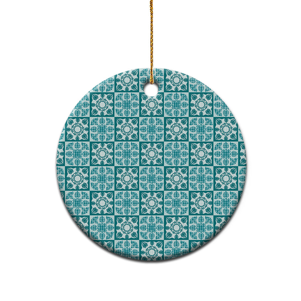 Cyan Palaka Quilt Hawaii Ceramic Ornament Hawaiian Tropical Monstera Sea Turtle LT14 - Polynesian Pride