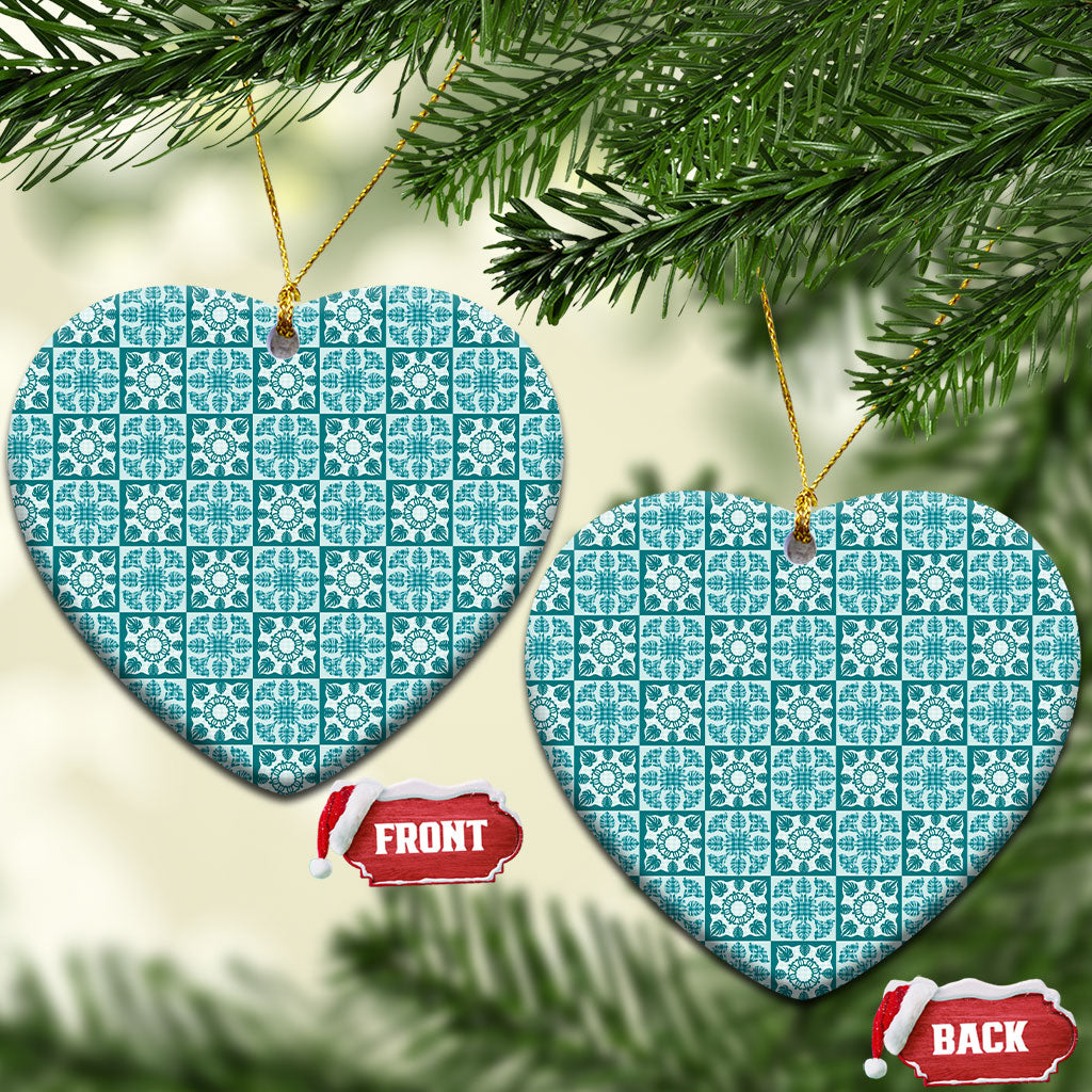 Cyan Palaka Quilt Hawaii Ceramic Ornament Hawaiian Tropical Monstera Sea Turtle LT14 Heart Cyan - Polynesian Pride