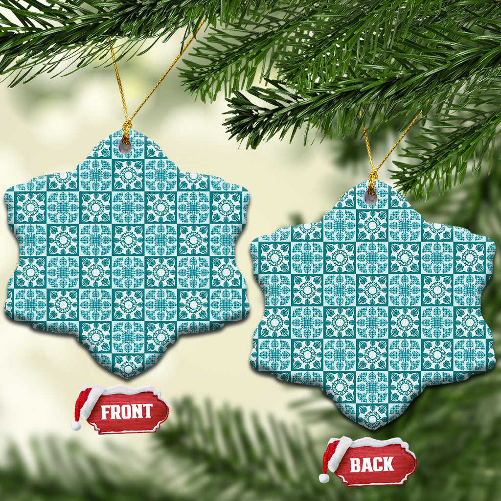 Cyan Palaka Quilt Hawaii Ceramic Ornament Hawaiian Tropical Monstera Sea Turtle LT14 Snow Flake Cyan - Polynesian Pride
