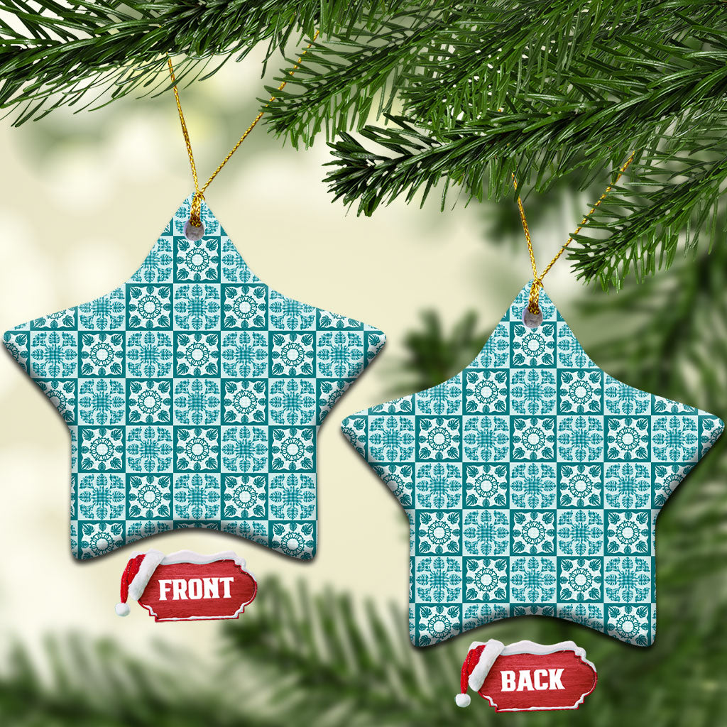 Cyan Palaka Quilt Hawaii Ceramic Ornament Hawaiian Tropical Monstera Sea Turtle LT14 Star Cyan - Polynesian Pride