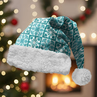 Cyan Palaka Quilt Hawaii Christmas Santa Hat Hawaiian Tropical Monstera Sea Turtle LT14 With Fur Cyan - Polynesian Pride