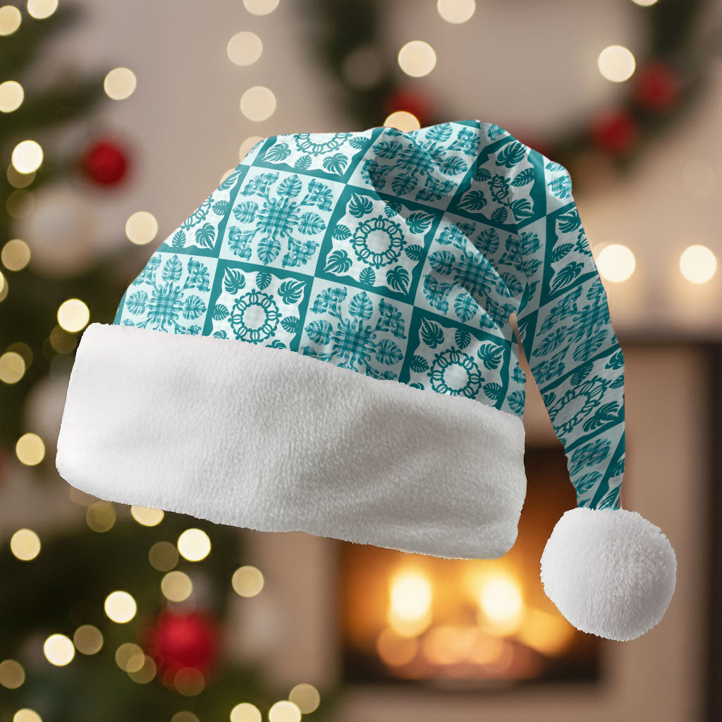 Cyan Palaka Quilt Hawaii Christmas Santa Hat Hawaiian Tropical Monstera Sea Turtle LT14 Without Fur Cyan - Polynesian Pride