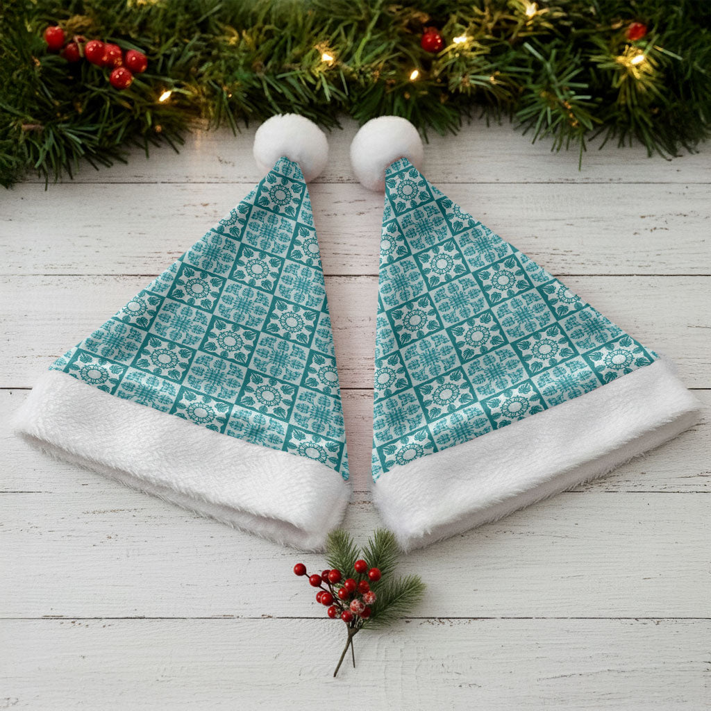 Cyan Palaka Quilt Hawaii Christmas Santa Hat Hawaiian Tropical Monstera Sea Turtle LT14 - Polynesian Pride