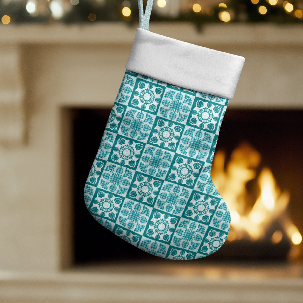 Cyan Palaka Quilt Hawaii Christmas Stocking Hawaiian Tropical Monstera Sea Turtle LT14 Set of 2 Cyan - Polynesian Pride