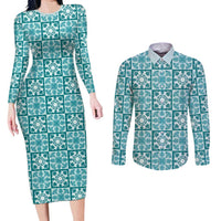 Cyan Palaka Quilt Hawaii Couples Matching Long Sleeve Bodycon Dress and Long Sleeve Button Shirt Hawaiian Tropical Monstera Sea Turtle