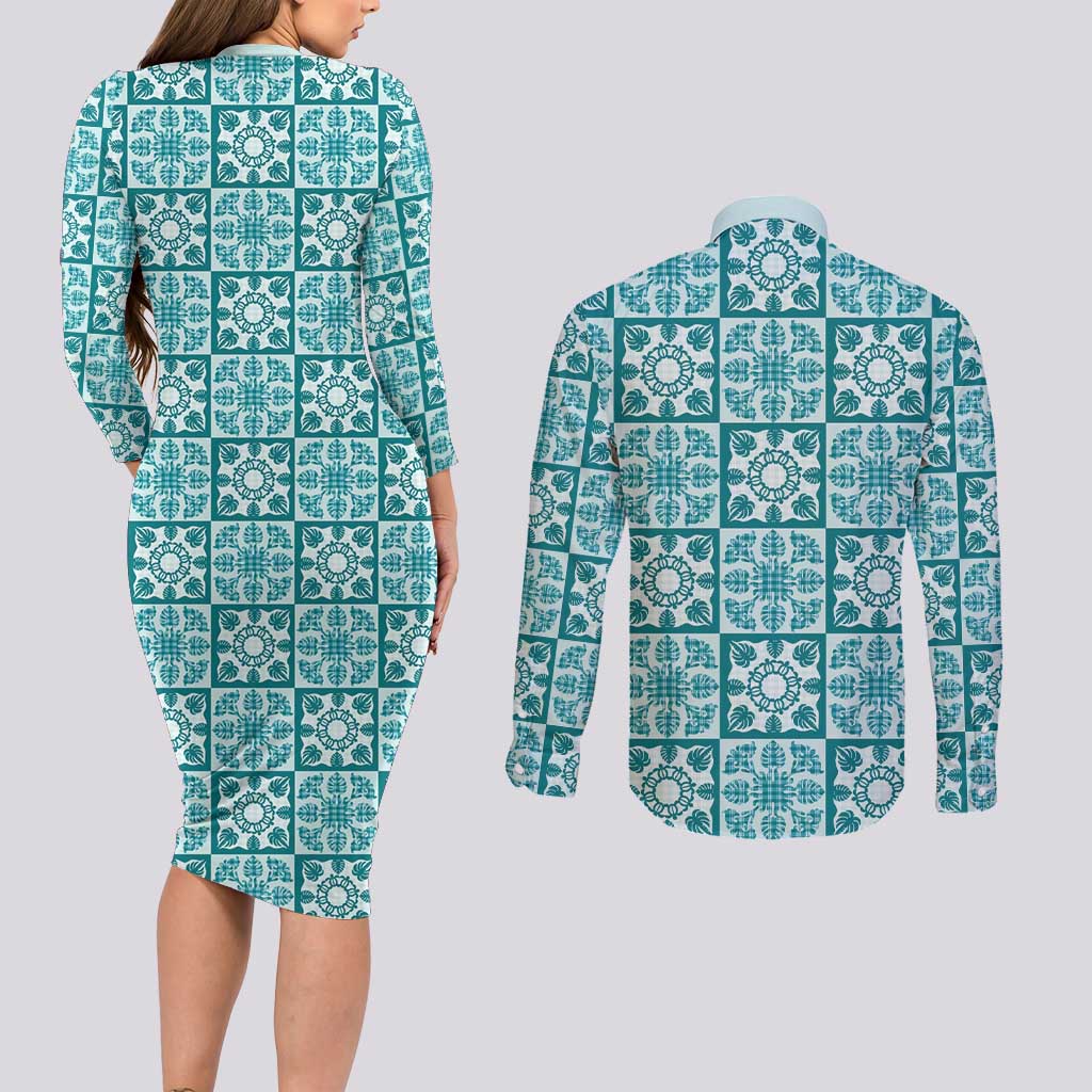 Cyan Palaka Quilt Hawaii Couples Matching Long Sleeve Bodycon Dress and Long Sleeve Button Shirt Hawaiian Tropical Monstera Sea Turtle