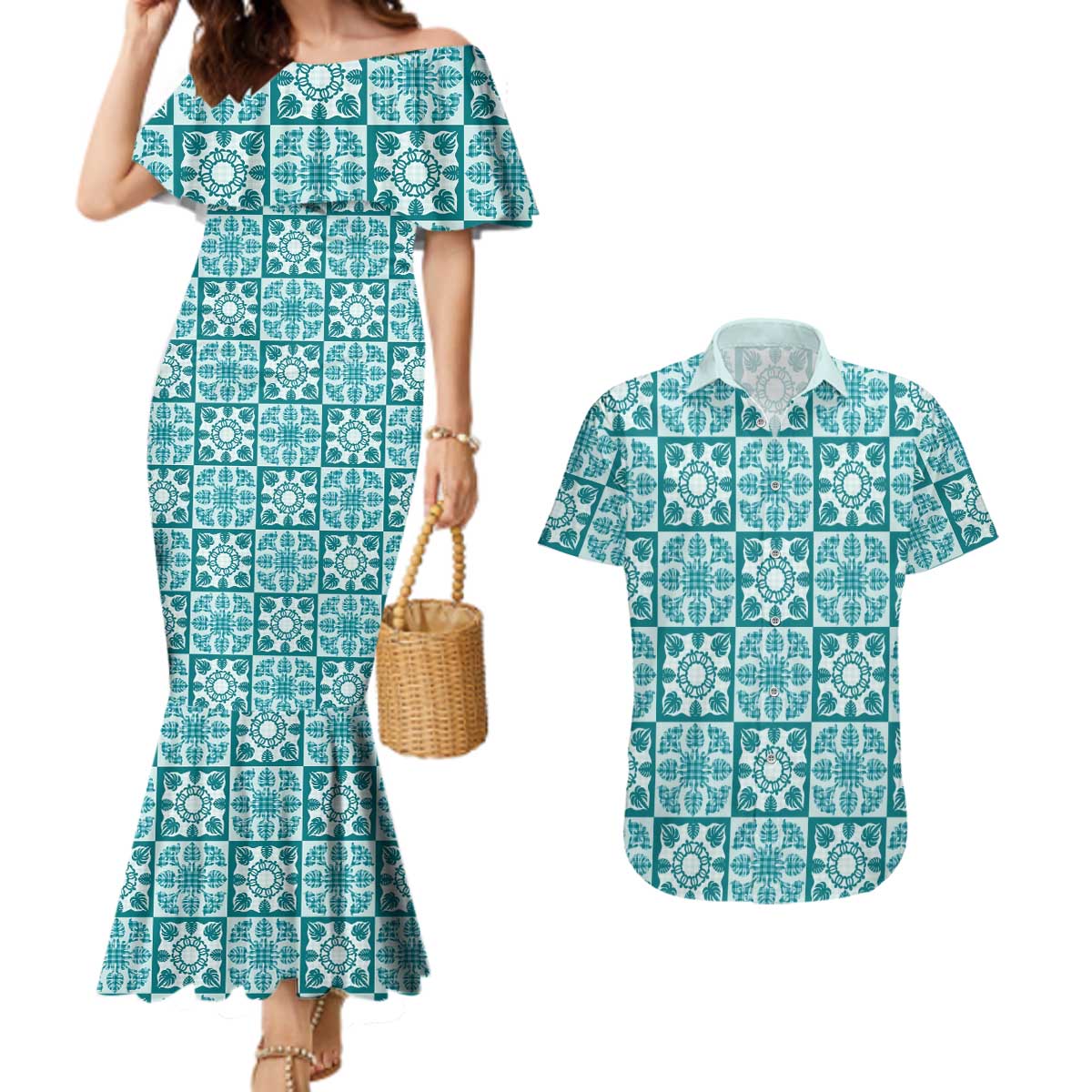 Cyan Palaka Quilt Hawaii Couples Matching Mermaid Dress and Hawaiian Shirt Hawaiian Tropical Monstera Sea Turtle