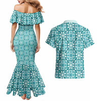 Cyan Palaka Quilt Hawaii Couples Matching Mermaid Dress and Hawaiian Shirt Hawaiian Tropical Monstera Sea Turtle