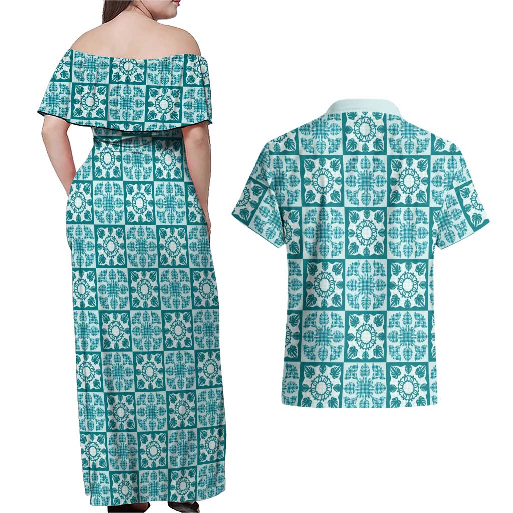 Cyan Palaka Quilt Hawaii Couples Matching Off Shoulder Maxi Dress and Hawaiian Shirt Hawaiian Tropical Monstera Sea Turtle