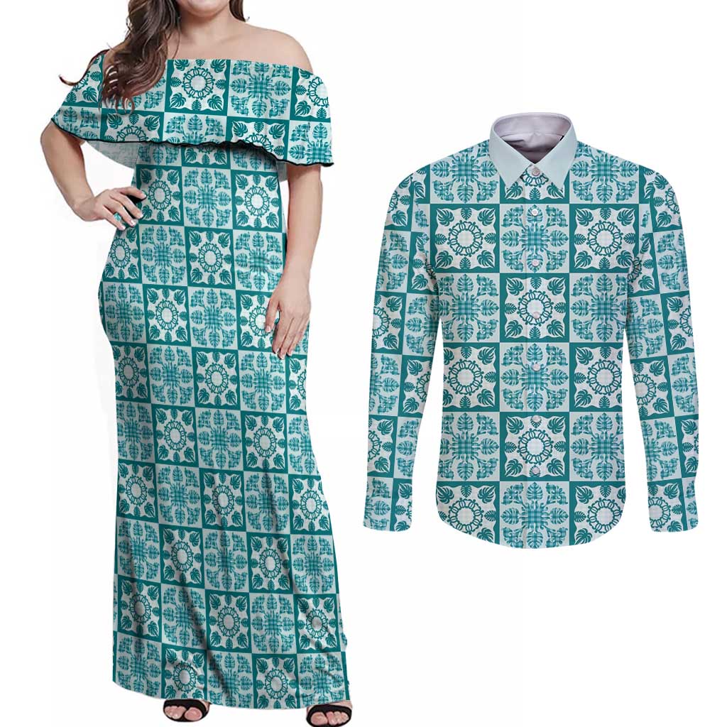 Cyan Palaka Quilt Hawaii Couples Matching Off Shoulder Maxi Dress and Long Sleeve Button Shirt Hawaiian Tropical Monstera Sea Turtle LT14 Cyan - Polynesian Pride