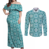 Cyan Palaka Quilt Hawaii Couples Matching Off Shoulder Maxi Dress and Long Sleeve Button Shirt Hawaiian Tropical Monstera Sea Turtle LT14 Cyan - Polynesian Pride