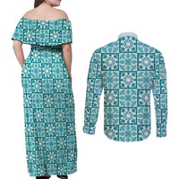 Cyan Palaka Quilt Hawaii Couples Matching Off Shoulder Maxi Dress and Long Sleeve Button Shirt Hawaiian Tropical Monstera Sea Turtle LT14 - Polynesian Pride