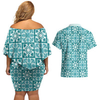 Cyan Palaka Quilt Hawaii Couples Matching Off Shoulder Short Dress and Hawaiian Shirt Hawaiian Tropical Monstera Sea Turtle