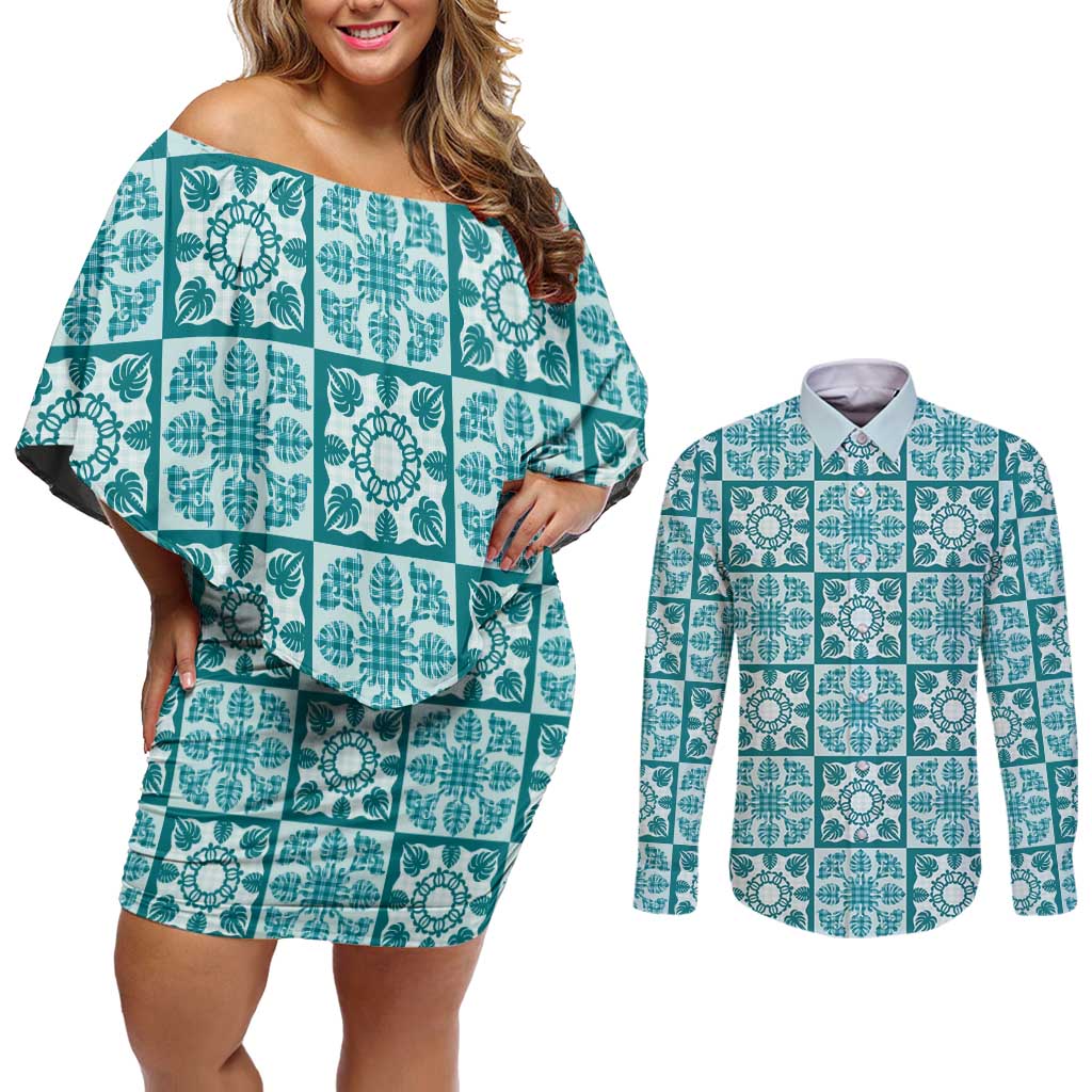 Cyan Palaka Quilt Hawaii Couples Matching Off Shoulder Short Dress and Long Sleeve Button Shirt Hawaiian Tropical Monstera Sea Turtle LT14 Cyan - Polynesian Pride