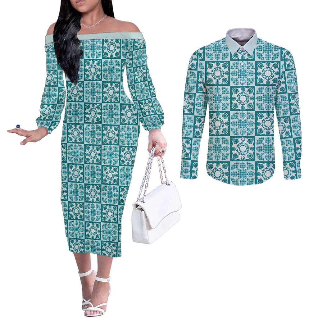 Cyan Palaka Quilt Hawaii Couples Matching Off The Shoulder Long Sleeve Dress and Long Sleeve Button Shirt Hawaiian Tropical Monstera Sea Turtle
