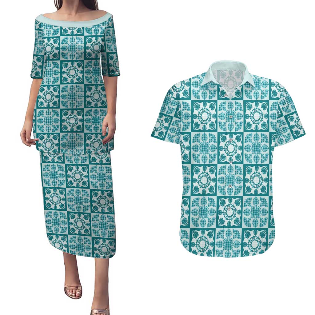 Cyan Palaka Quilt Hawaii Couples Matching Puletasi and Hawaiian Shirt Hawaiian Tropical Monstera Sea Turtle LT14 Cyan - Polynesian Pride