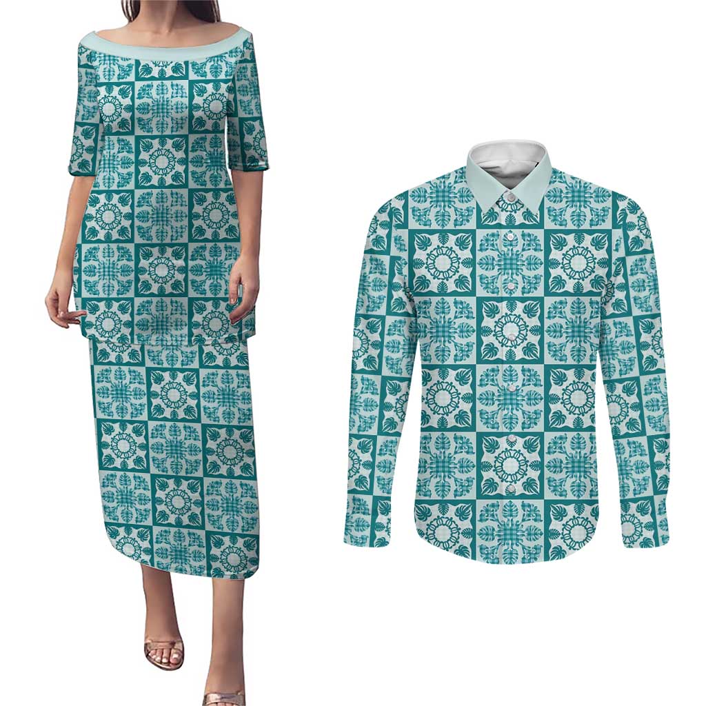 Cyan Palaka Quilt Hawaii Couples Matching Puletasi and Long Sleeve Button Shirt Hawaiian Tropical Monstera Sea Turtle LT14 Cyan - Polynesian Pride