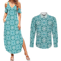 Cyan Palaka Quilt Hawaii Couples Matching Summer Maxi Dress and Long Sleeve Button Shirt Hawaiian Tropical Monstera Sea Turtle LT14 Cyan - Polynesian Pride