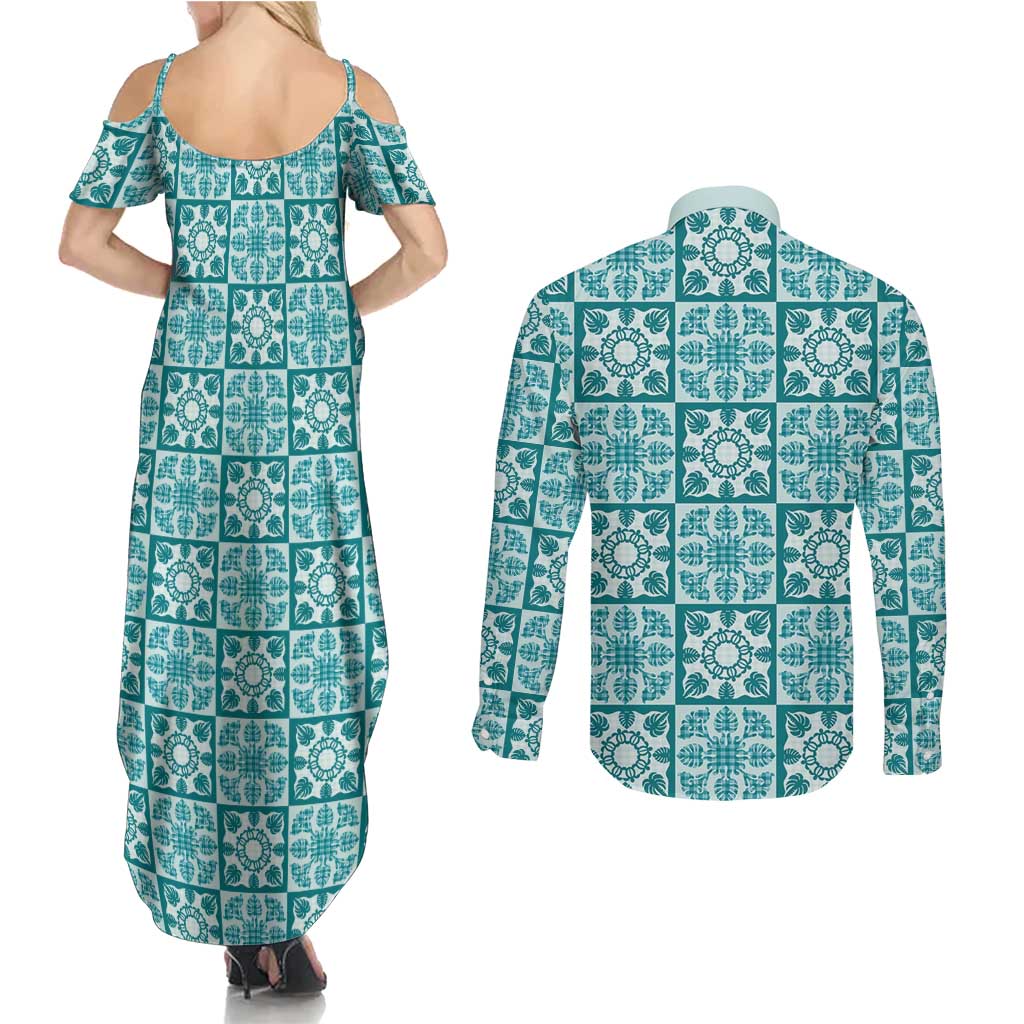 Cyan Palaka Quilt Hawaii Couples Matching Summer Maxi Dress and Long Sleeve Button Shirt Hawaiian Tropical Monstera Sea Turtle LT14 - Polynesian Pride