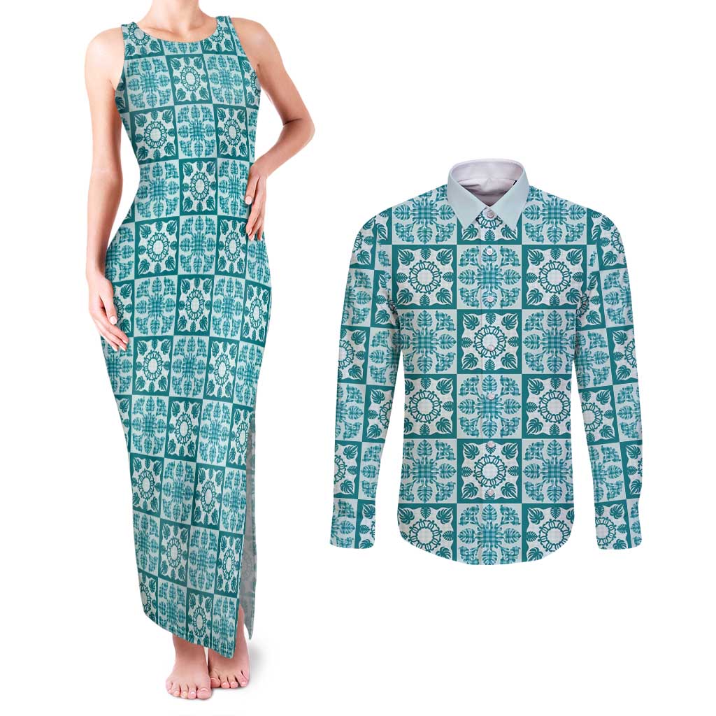 Cyan Palaka Quilt Hawaii Couples Matching Tank Maxi Dress and Long Sleeve Button Shirt Hawaiian Tropical Monstera Sea Turtle LT14 Cyan - Polynesian Pride
