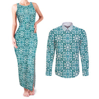 Cyan Palaka Quilt Hawaii Couples Matching Tank Maxi Dress and Long Sleeve Button Shirt Hawaiian Tropical Monstera Sea Turtle LT14 Cyan - Polynesian Pride