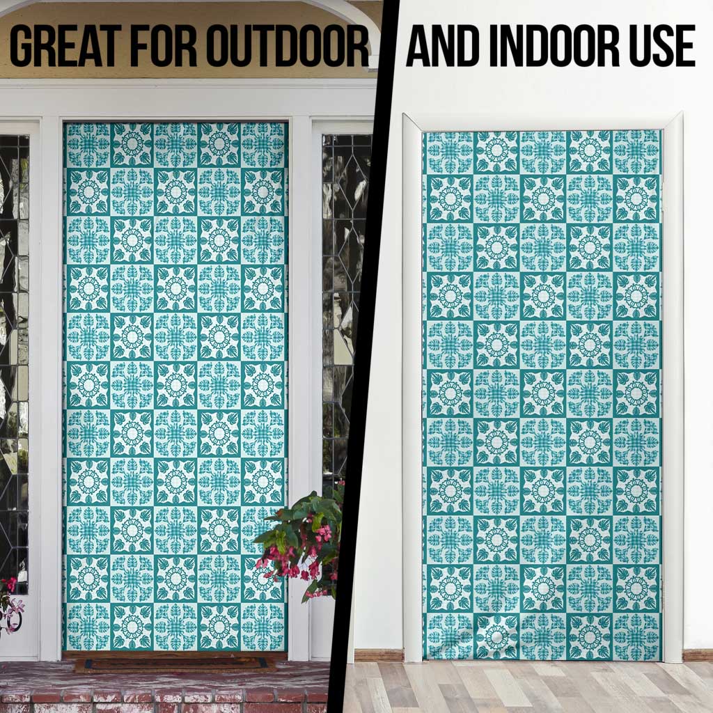 Cyan Palaka Quilt Hawaii Door Cover Hawaiian Tropical Monstera Sea Turtle