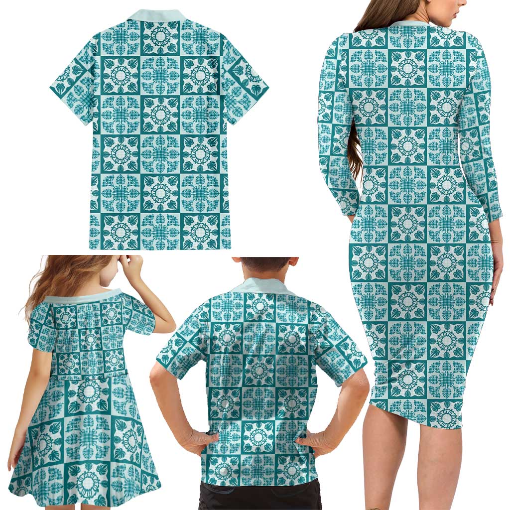 Cyan Palaka Quilt Hawaii Family Matching Long Sleeve Bodycon Dress and Hawaiian Shirt Hawaiian Tropical Monstera Sea Turtle