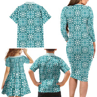 Cyan Palaka Quilt Hawaii Family Matching Long Sleeve Bodycon Dress and Hawaiian Shirt Hawaiian Tropical Monstera Sea Turtle
