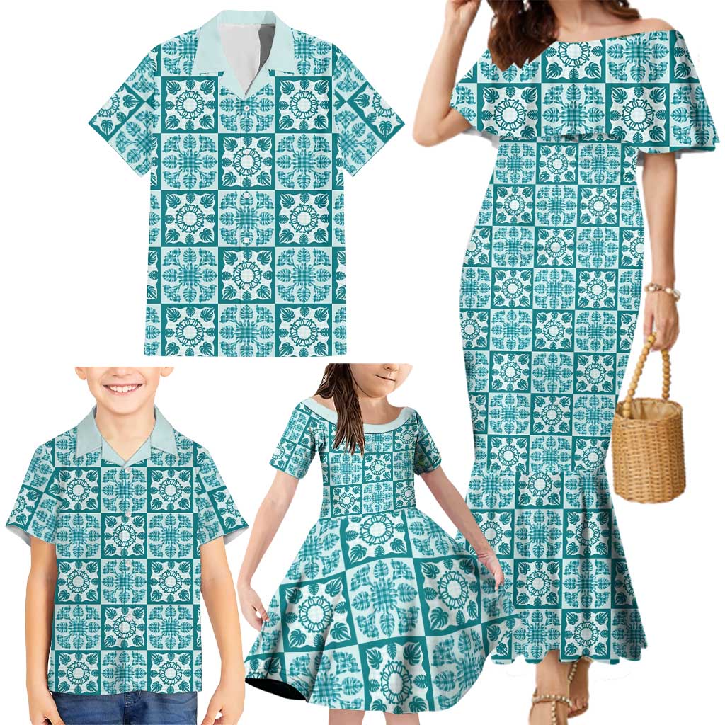 Cyan Palaka Quilt Hawaii Family Matching Mermaid Dress and Hawaiian Shirt Hawaiian Tropical Monstera Sea Turtle