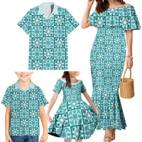 Cyan Palaka Quilt Hawaii Family Matching Mermaid Dress and Hawaiian Shirt Hawaiian Tropical Monstera Sea Turtle