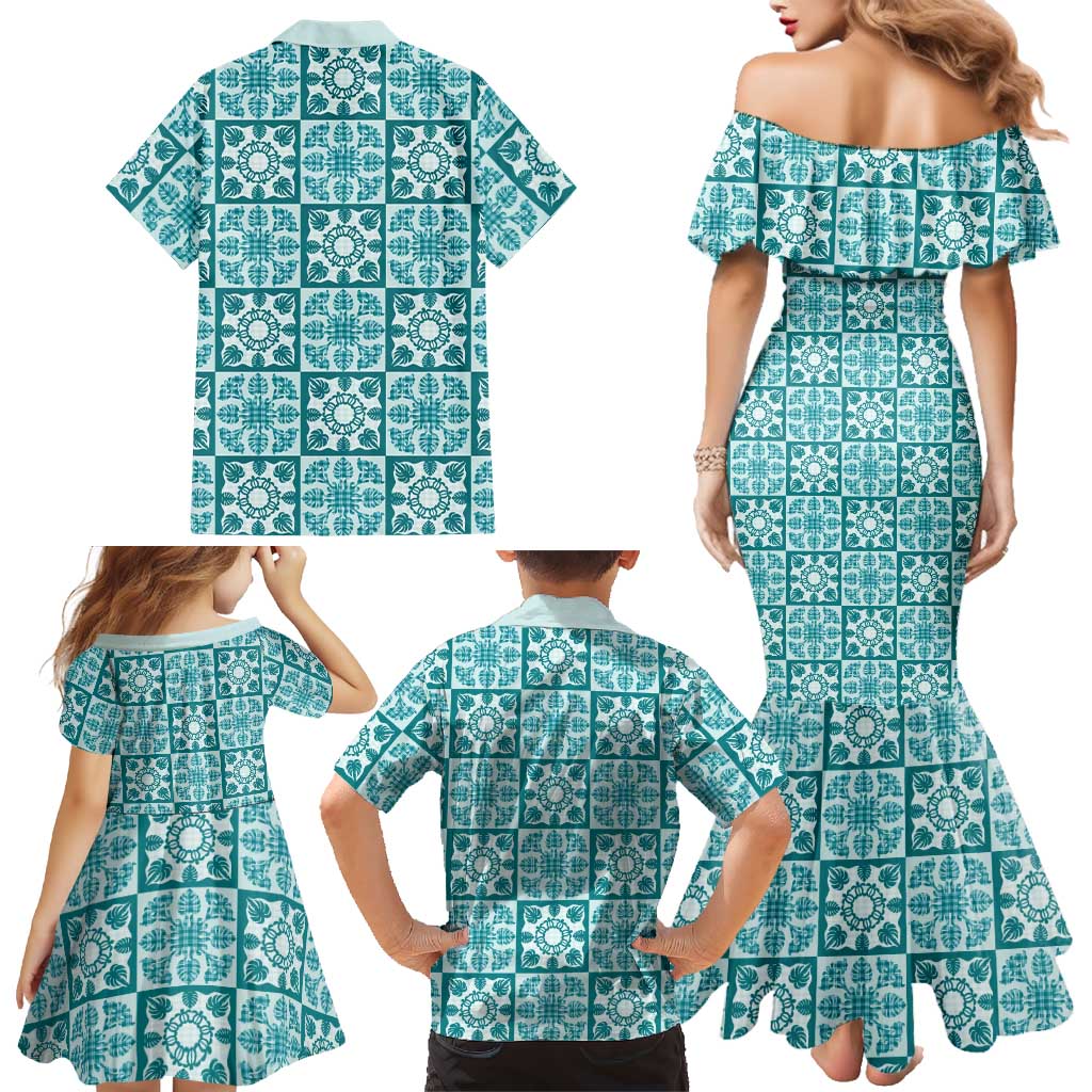 Cyan Palaka Quilt Hawaii Family Matching Mermaid Dress and Hawaiian Shirt Hawaiian Tropical Monstera Sea Turtle
