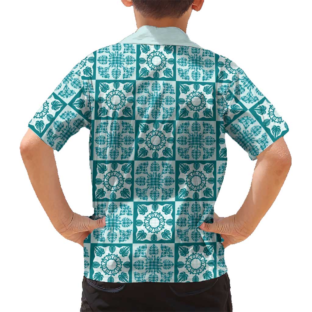 Cyan Palaka Quilt Hawaii Family Matching Off The Shoulder Long Sleeve Dress and Hawaiian Shirt Hawaiian Tropical Monstera Sea Turtle