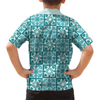 Cyan Palaka Quilt Hawaii Family Matching Off The Shoulder Long Sleeve Dress and Hawaiian Shirt Hawaiian Tropical Monstera Sea Turtle