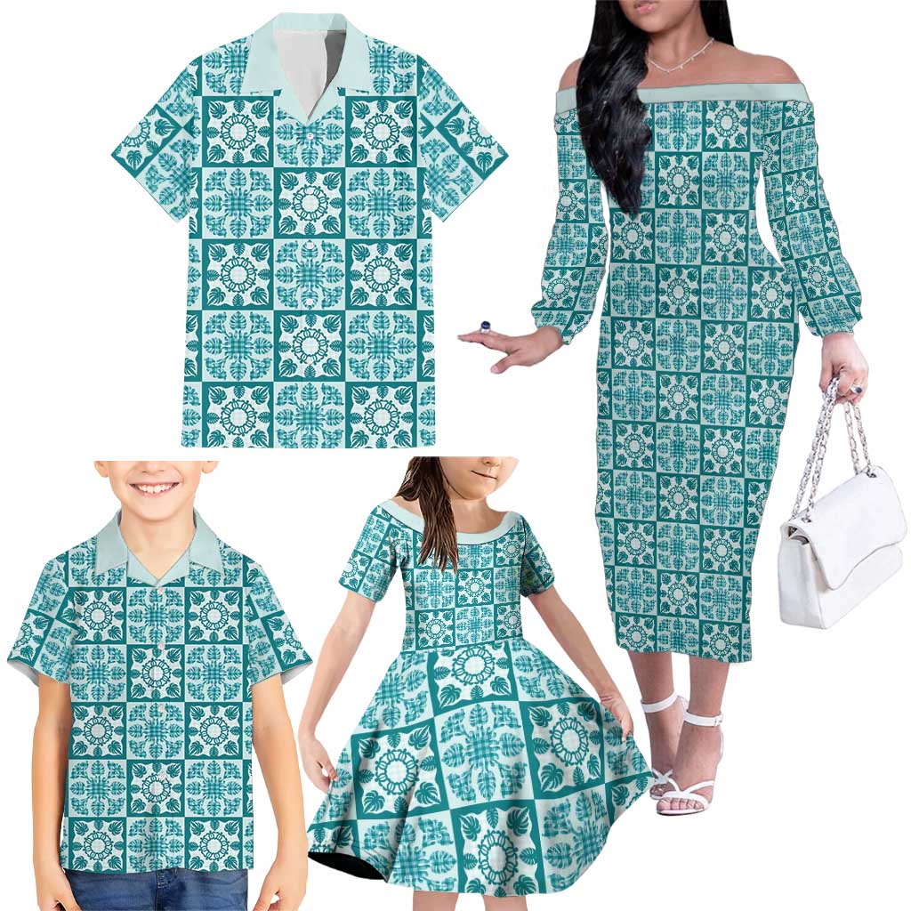 Cyan Palaka Quilt Hawaii Family Matching Off The Shoulder Long Sleeve Dress and Hawaiian Shirt Hawaiian Tropical Monstera Sea Turtle