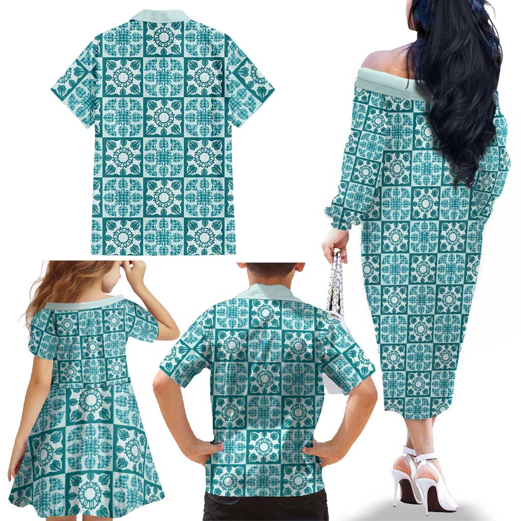Cyan Palaka Quilt Hawaii Family Matching Off The Shoulder Long Sleeve Dress and Hawaiian Shirt Hawaiian Tropical Monstera Sea Turtle