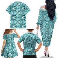 Cyan Palaka Quilt Hawaii Family Matching Off The Shoulder Long Sleeve Dress and Hawaiian Shirt Hawaiian Tropical Monstera Sea Turtle