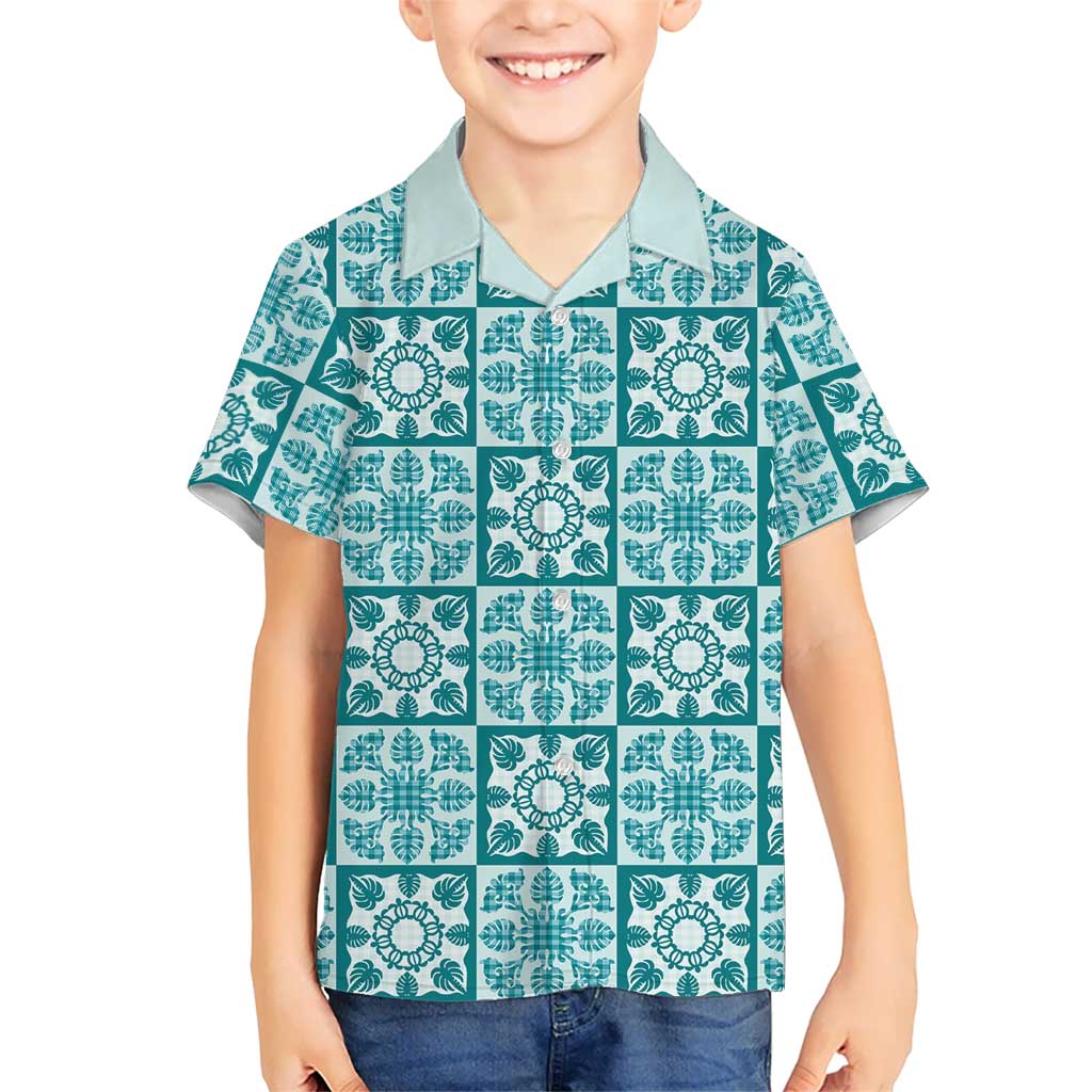 Cyan Palaka Quilt Hawaii Family Matching Off The Shoulder Long Sleeve Dress and Hawaiian Shirt Hawaiian Tropical Monstera Sea Turtle