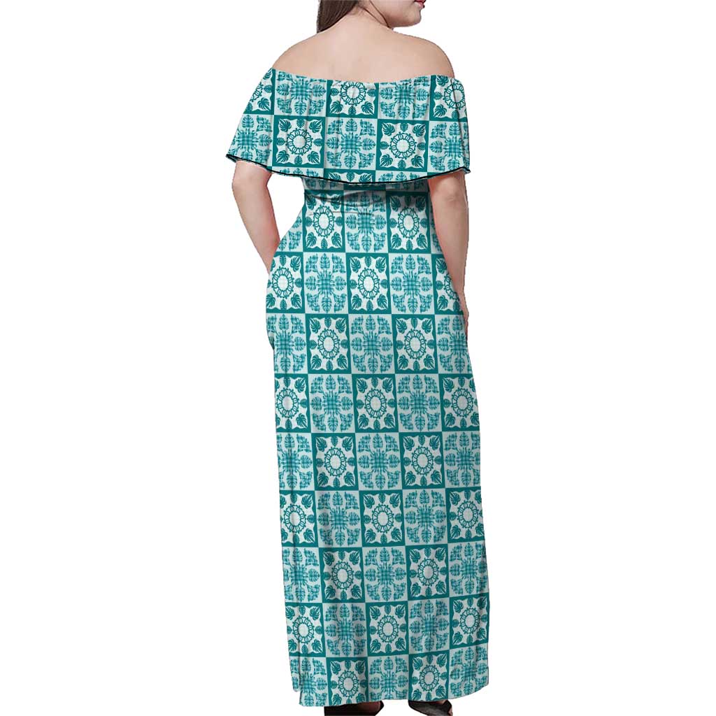 Cyan Palaka Quilt Hawaii Family Matching Off Shoulder Maxi Dress and Hawaiian Shirt Hawaiian Tropical Monstera Sea Turtle LT14 - Polynesian Pride