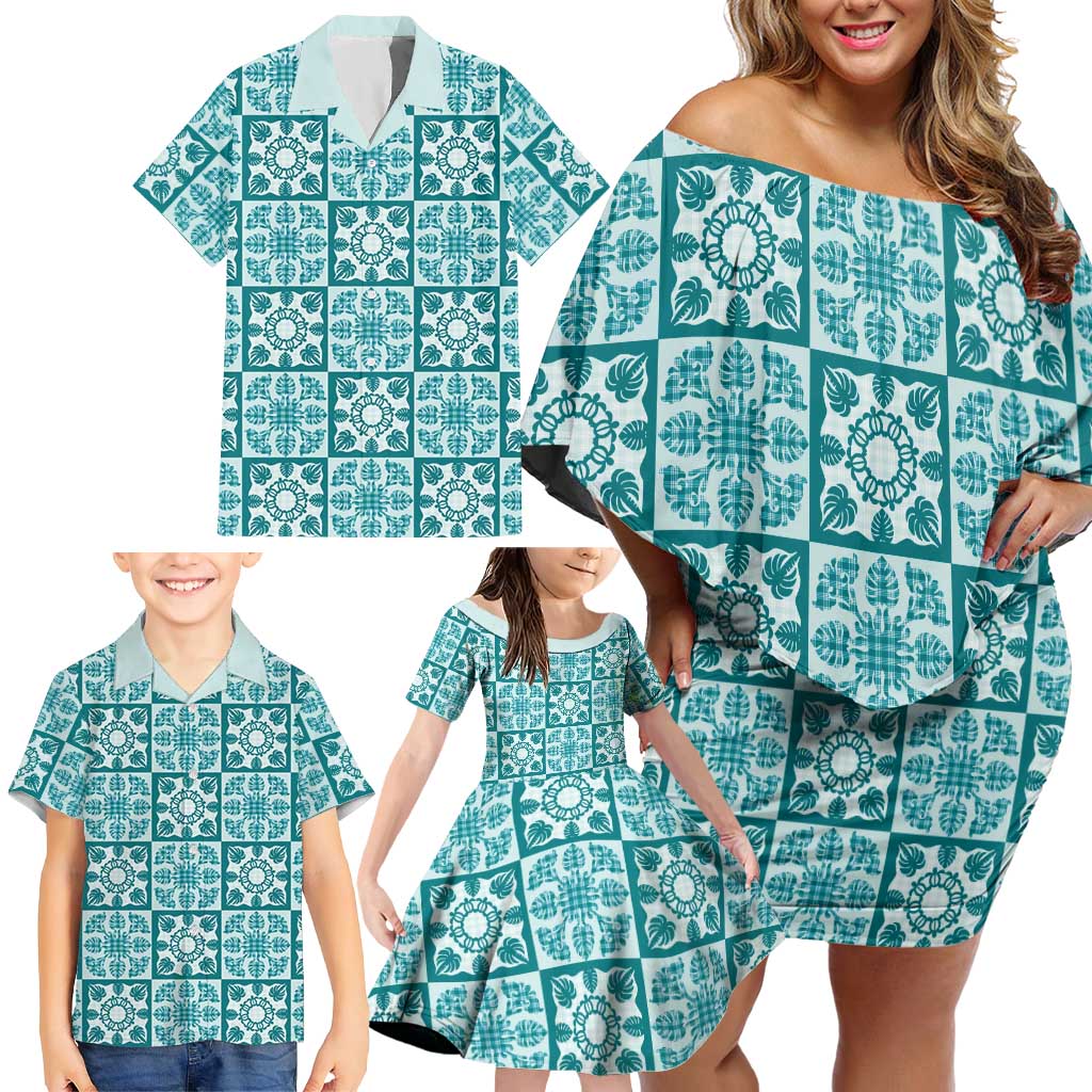 Cyan Palaka Quilt Hawaii Family Matching Off Shoulder Short Dress and Hawaiian Shirt Hawaiian Tropical Monstera Sea Turtle LT14 - Polynesian Pride
