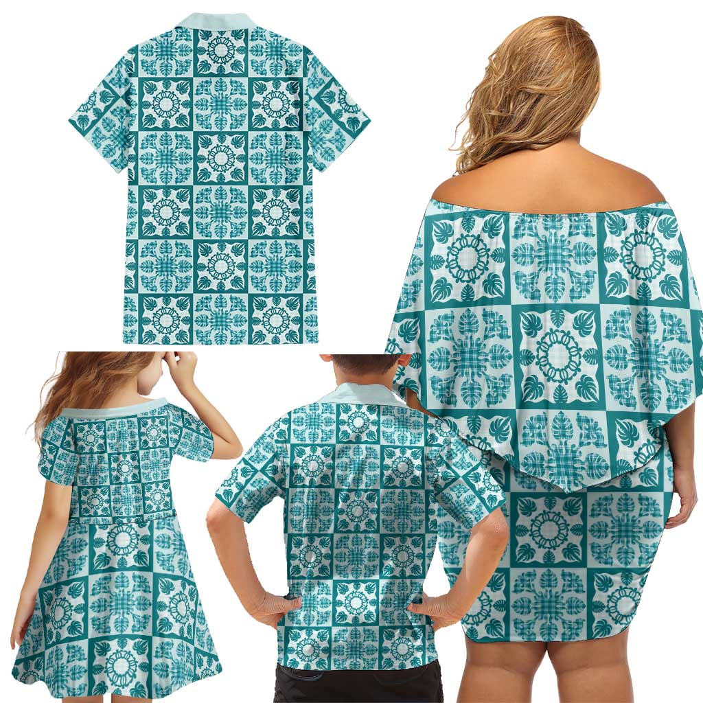 Cyan Palaka Quilt Hawaii Family Matching Off Shoulder Short Dress and Hawaiian Shirt Hawaiian Tropical Monstera Sea Turtle LT14 - Polynesian Pride