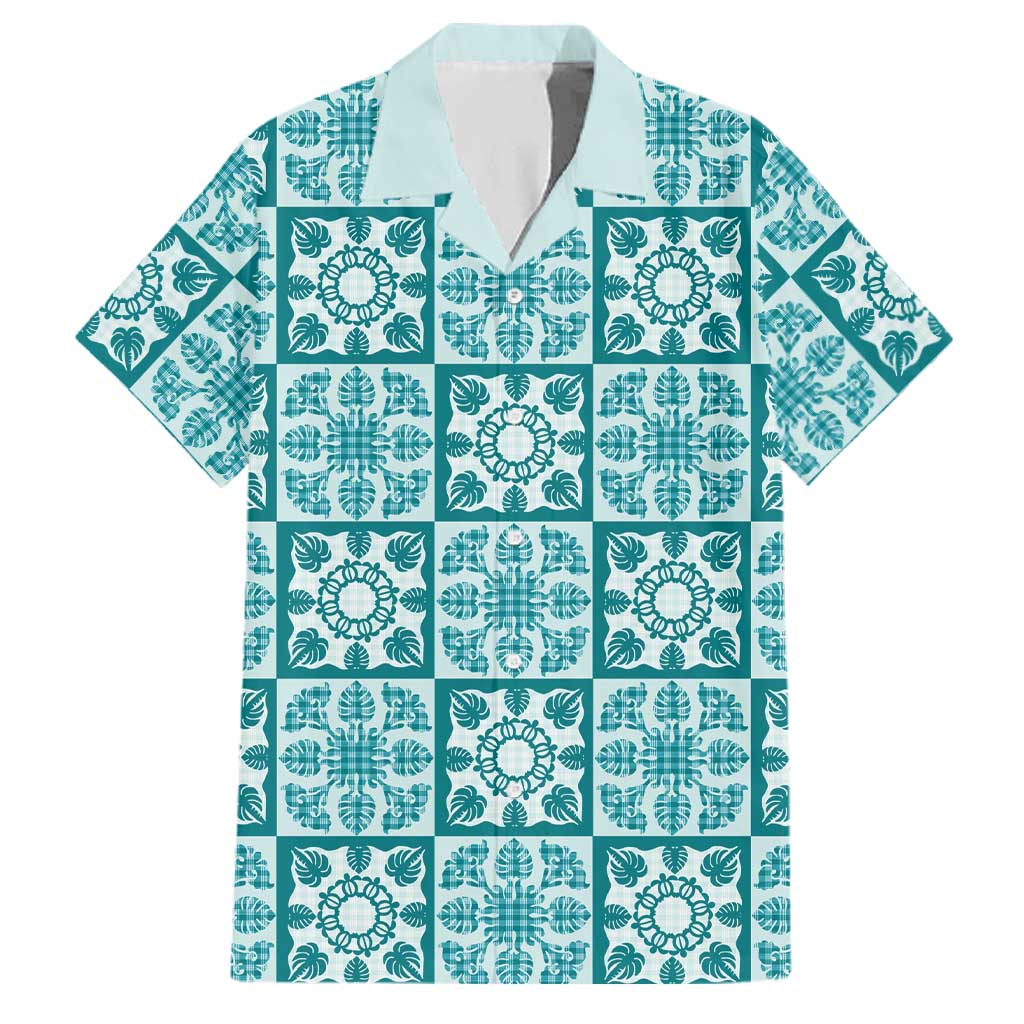 Cyan Palaka Quilt Hawaii Family Matching Off Shoulder Short Dress and Hawaiian Shirt Hawaiian Tropical Monstera Sea Turtle LT14 Dad's Shirt - Short Sleeve Cyan - Polynesian Pride