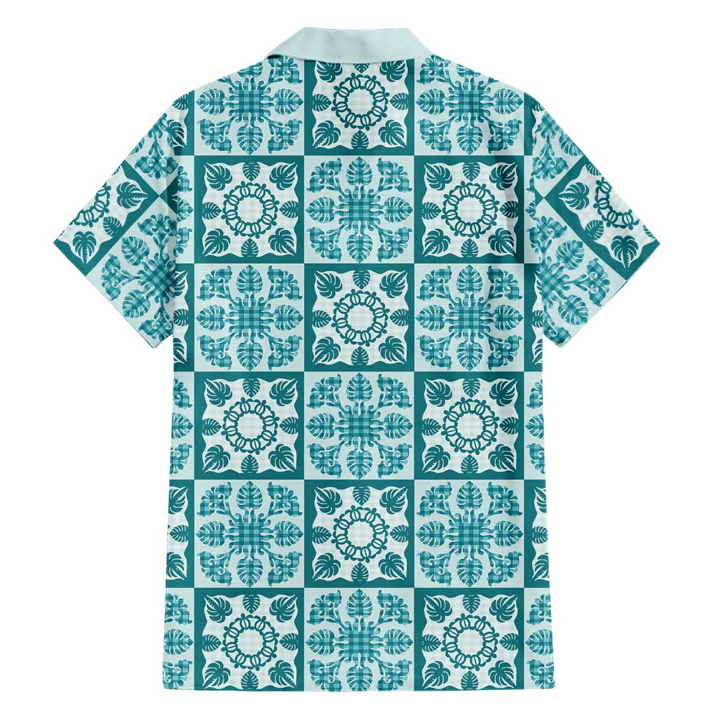 Cyan Palaka Quilt Hawaii Family Matching Off Shoulder Short Dress and Hawaiian Shirt Hawaiian Tropical Monstera Sea Turtle LT14 - Polynesian Pride