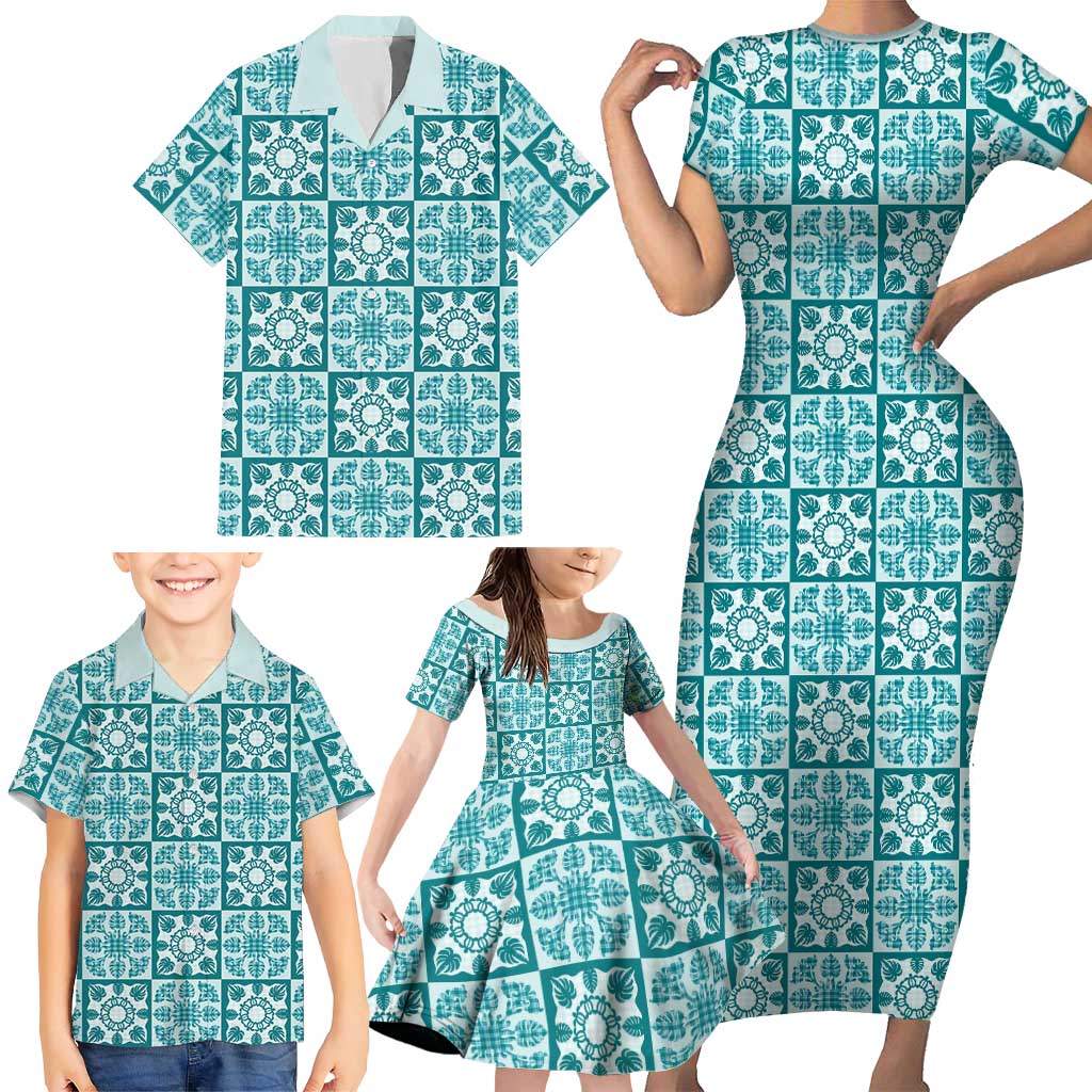 Cyan Palaka Quilt Hawaii Family Matching Short Sleeve Bodycon Dress and Hawaiian Shirt Hawaiian Tropical Monstera Sea Turtle