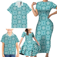 Cyan Palaka Quilt Hawaii Family Matching Short Sleeve Bodycon Dress and Hawaiian Shirt Hawaiian Tropical Monstera Sea Turtle