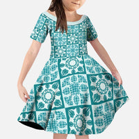 Cyan Palaka Quilt Hawaii Family Matching Summer Maxi Dress and Hawaiian Shirt Hawaiian Tropical Monstera Sea Turtle LT14 Daughter's Dress Cyan - Polynesian Pride