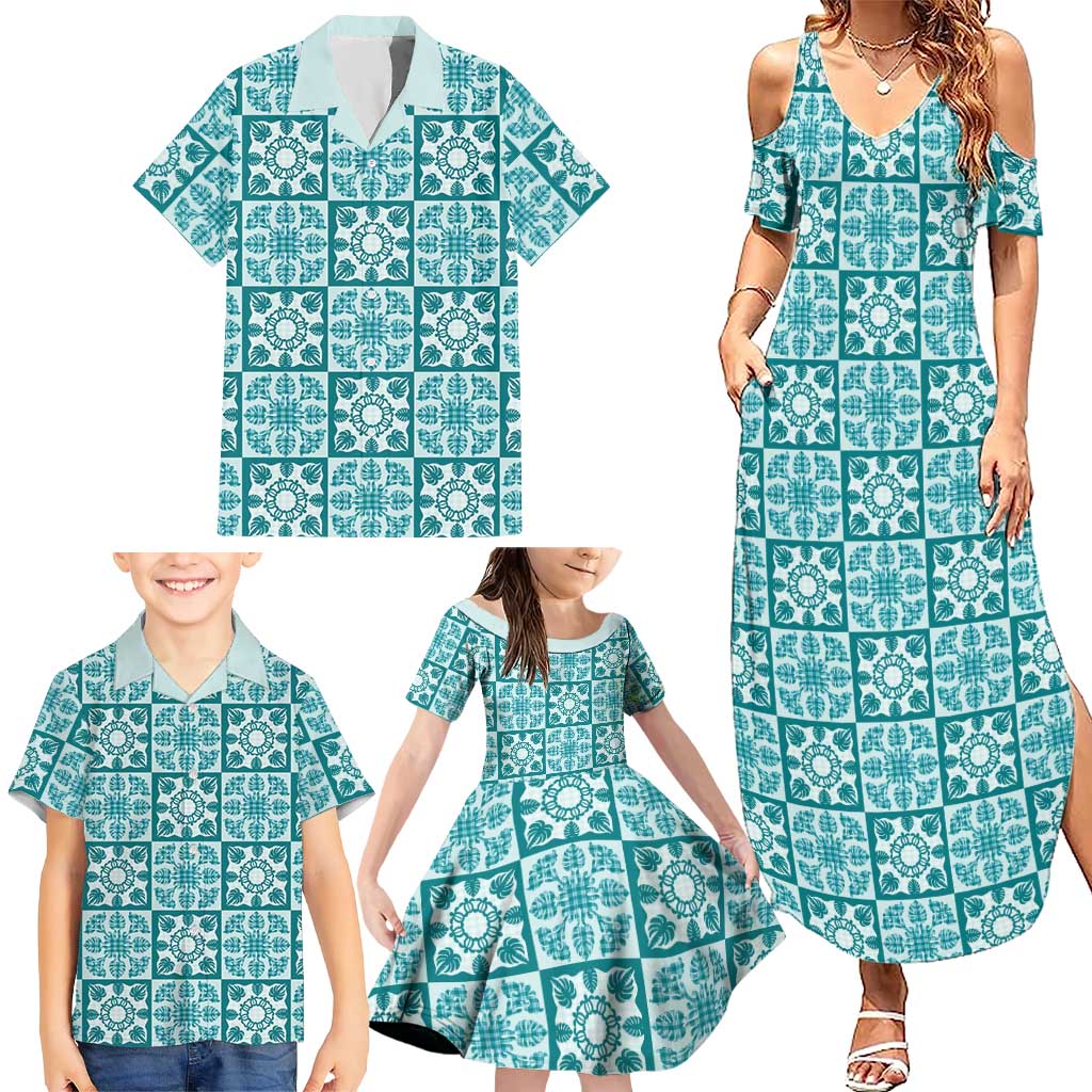 Cyan Palaka Quilt Hawaii Family Matching Summer Maxi Dress and Hawaiian Shirt Hawaiian Tropical Monstera Sea Turtle LT14 - Polynesian Pride