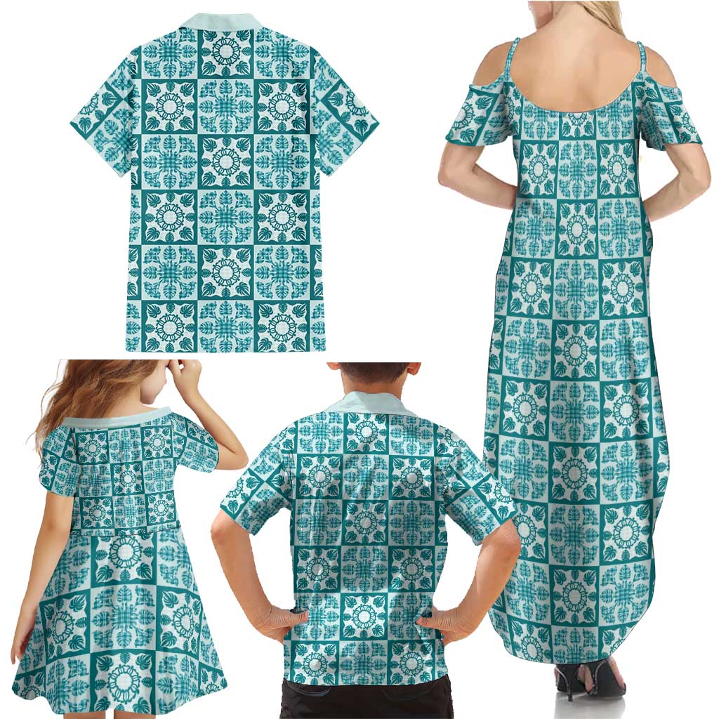 Cyan Palaka Quilt Hawaii Family Matching Summer Maxi Dress and Hawaiian Shirt Hawaiian Tropical Monstera Sea Turtle LT14 - Polynesian Pride