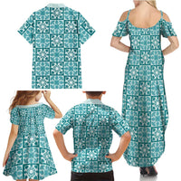Cyan Palaka Quilt Hawaii Family Matching Summer Maxi Dress and Hawaiian Shirt Hawaiian Tropical Monstera Sea Turtle LT14 - Polynesian Pride