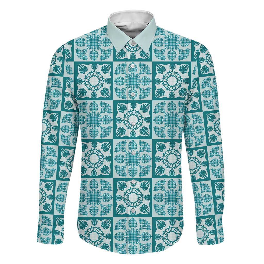 Cyan Palaka Quilt Hawaii Family Matching Summer Maxi Dress and Hawaiian Shirt Hawaiian Tropical Monstera Sea Turtle LT14 Dad's Shirt - Long Sleeve Cyan - Polynesian Pride